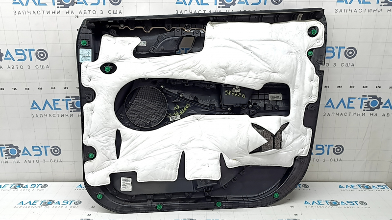 Обшивка дверей картка передня ліва Hyundai Santa FE 21-23 чорна, з накладкою, вставка та підлокітник шкіра чорна, молдинг сірий ромб, подряпини, під чищення
