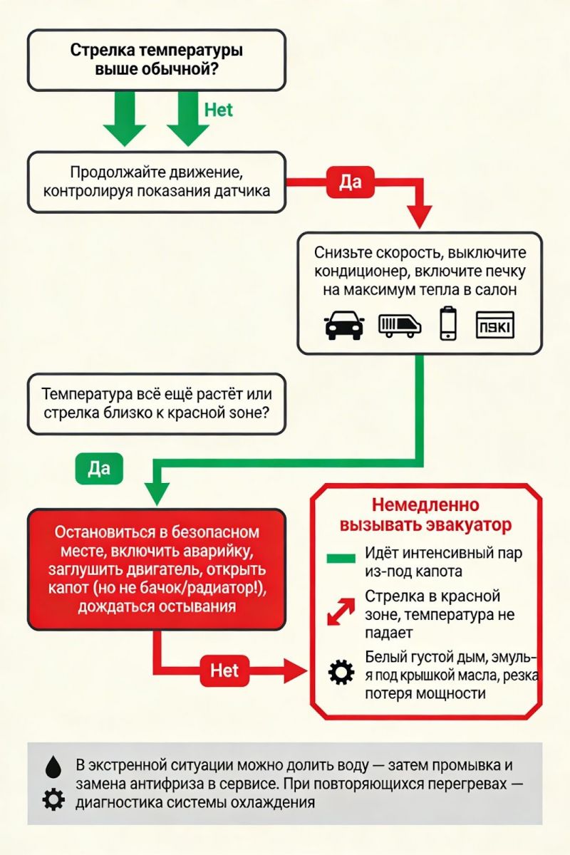 Блок-схема с пошаговым алгоритмом действий при росте температуры двигателя