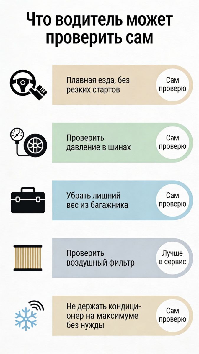 Чек-лист с простыми действиями автовладельца для уменьшения расхода топлива