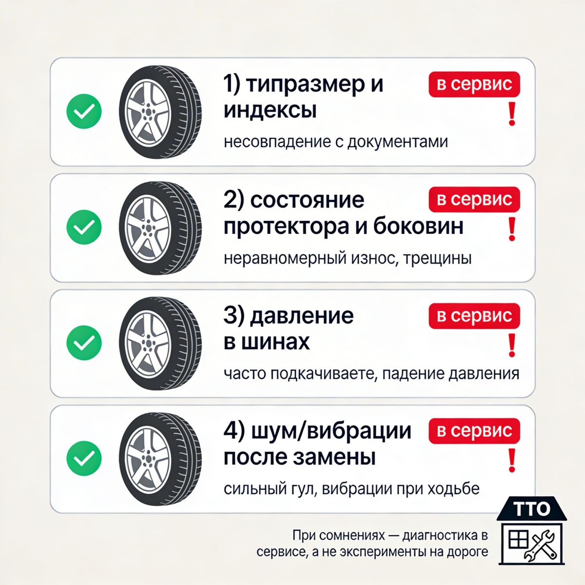 Чек‑лист самостоятельной проверки летних шин перед поездкой и визитом в сервис