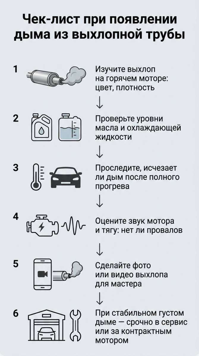 Пошаговая дорожная карта в 6 шагах: оценить выхлоп, проверить жидкости, отследить прогрев, оценить звук и тягу, сделать фото/видео, поехать на сервис