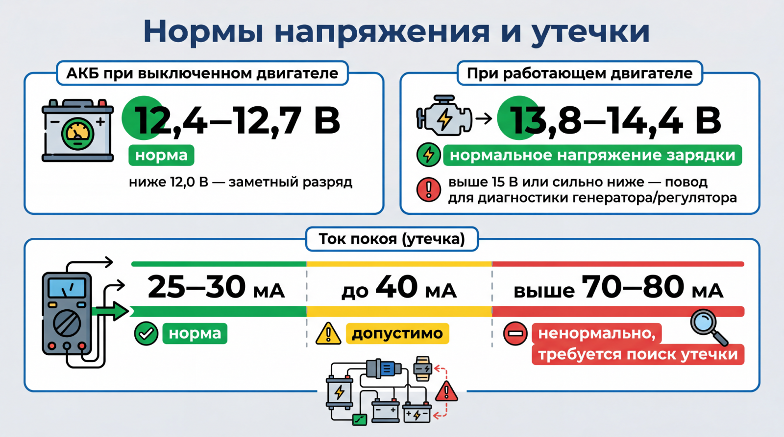 Справочная инфографика с нормами напряжения и токов утечки для быстрого визуального ориентира без перечитывания текста