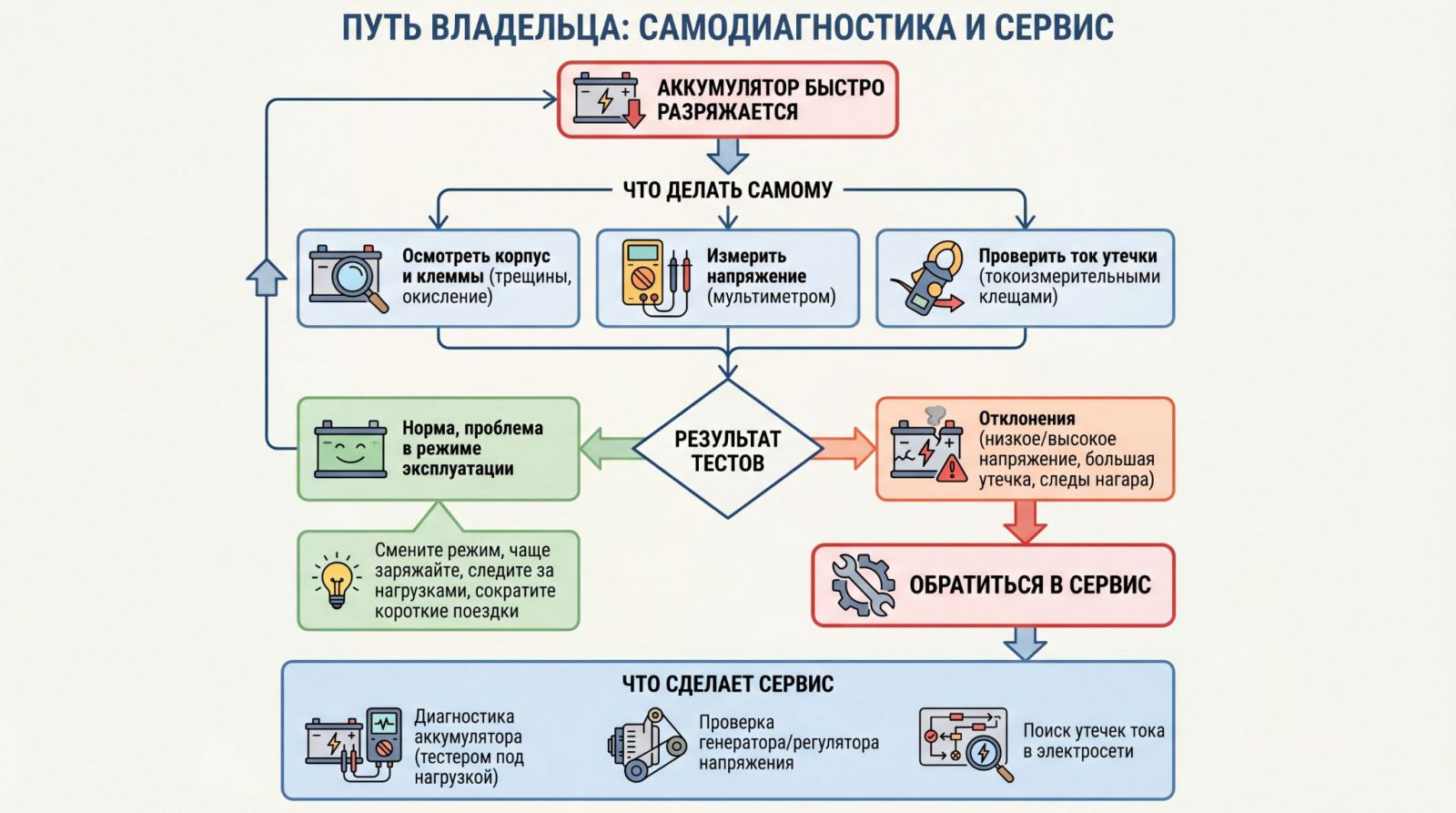 Схема визуально объединяет разбросанные рекомендации в понятный маршрут от первых проверок до обращения к специалистам по АКБ