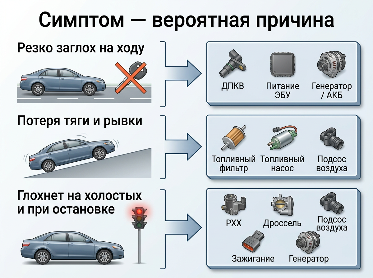 Схема “симптом — вероятная причина”, где слева показаны сценарии поведения машины, а справа указаны связанные узлы и системы