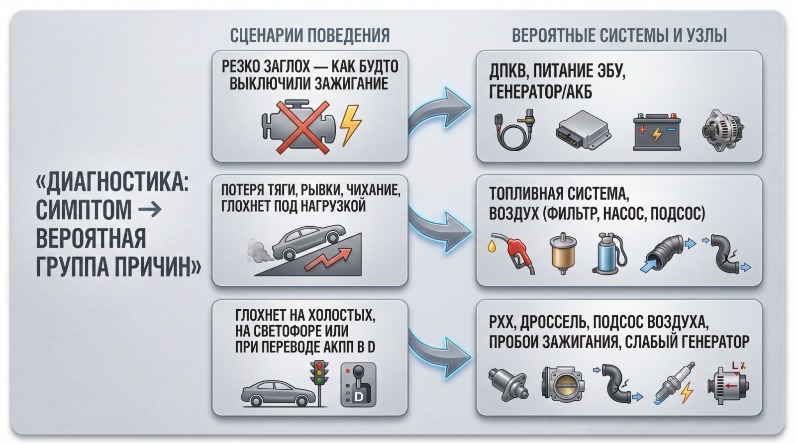 Инфографика работает как наглядная мини-диагностика: читатель быстро «попадает» в нужный блок статьи и понимает логику связи симптомов и узлов