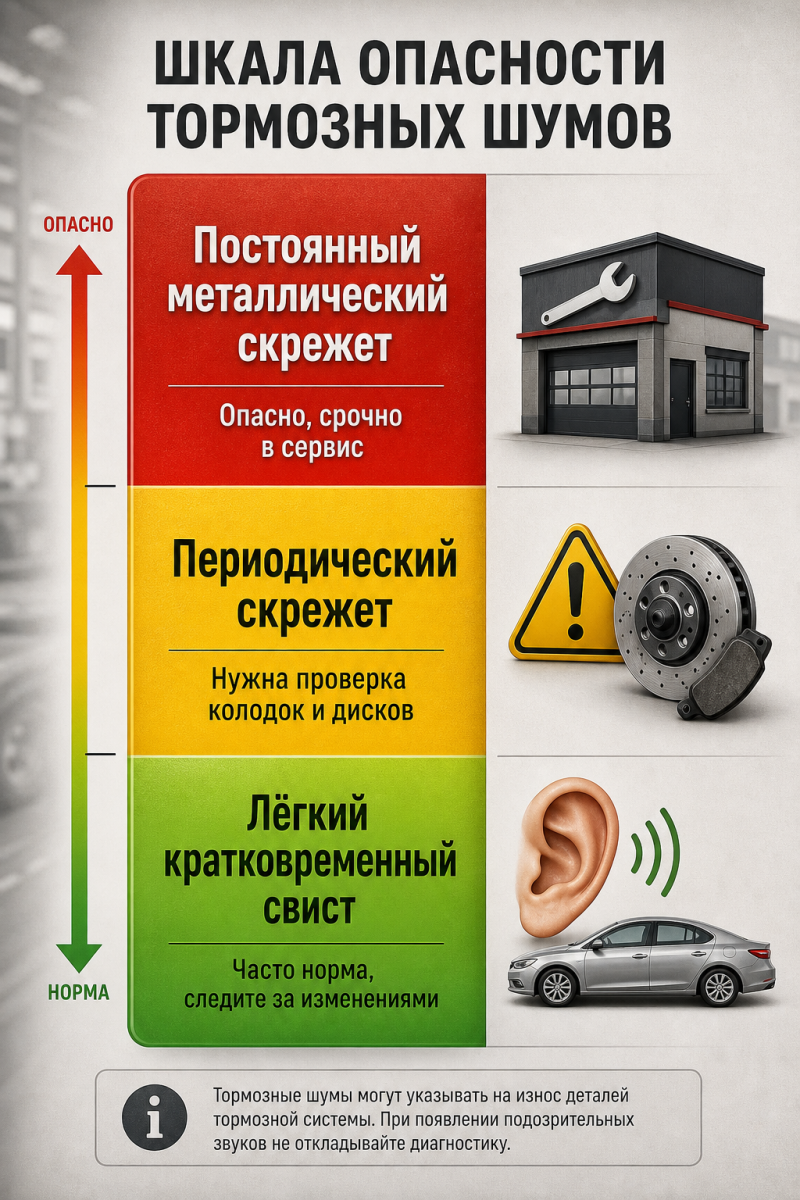 Инфографика для оценки характера звука тормозов и уровня риска поломки по типу шума