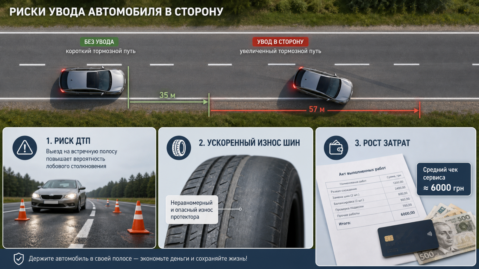 Сравнение тормозного пути: прямая траектория и увод автомобиля в сторону