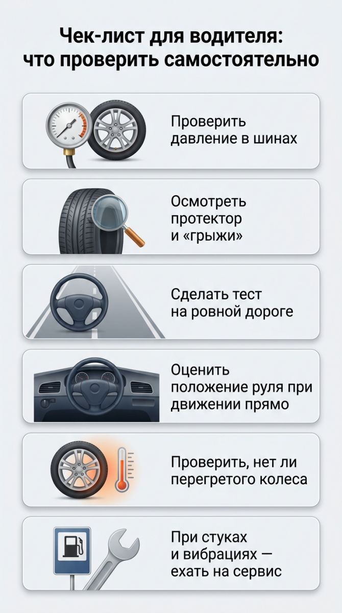 Вертикальный чек‑лист с иконками действий, которые должен выполнить водитель при подозрении на увод