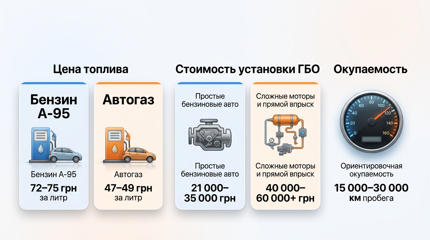 Диаграмма экономии: дешевый газ, дорогая установка ГБО и окупаемость при большом пробеге