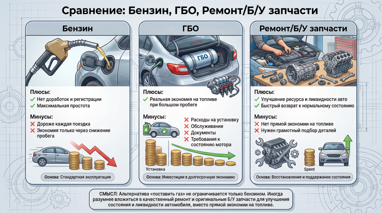 Схема выбора: простота бензина, экономия ГБО и улучшение ресурса при ремонте с оригинальными Б/У запчастями