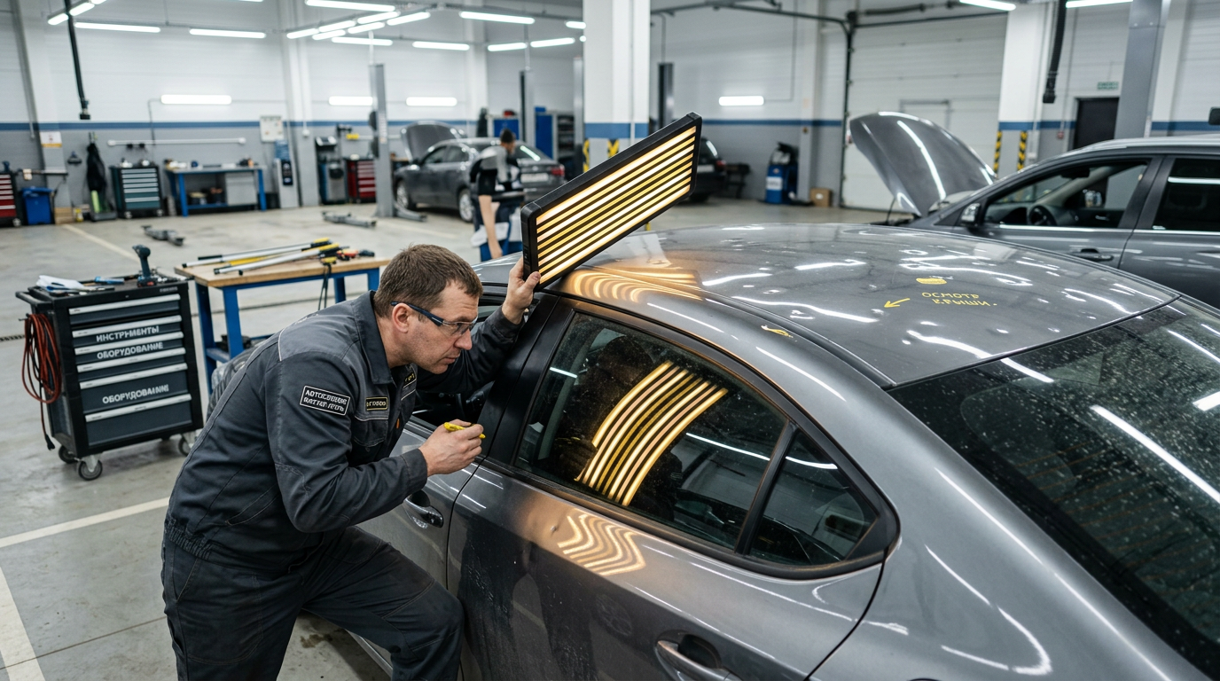 Мастер осматривает крышу и двери автомобиля после града с PDR-лампой и ярким рабочим светом