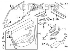 Обшивка двери карточка задняя левая Audi A4 B9 17-19 черная, черный подлокотник кожа, вставка черная кожа, Bang and Olufsen, с кнопокй, под химчистку, царапины