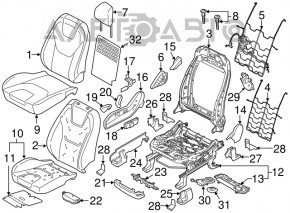 Пассажирское сидение Ford Edge 15-17 с airbag, электро, подогрев, вентиляция, кожа черная, Titanium, трещины, отсутствует заглушка