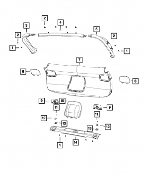 Обшивка двери багажника правая Jeep Cherokee KL 14-18 черная, сломана направляющая