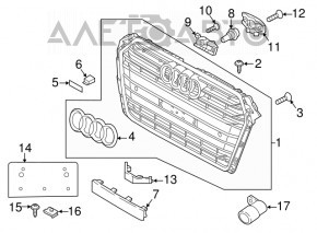 Ґрати радіатора в зборі Audi A4 B9 17 з емблемою, під парктроніки, пісок, світлий хром, відколи, незаводські отвори