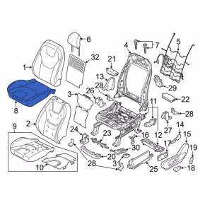 Обшивка подушки водительского сиденья Ford Edge 15-24 кожа серая, Titanium, перфорация, подогрев, вентиляция, под химчистку, потрескана