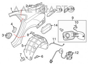 Четверть крыло задняя левая VW Passat b8 16-19 USA на кузове, черная, замята, не заводские отверстия, тычки