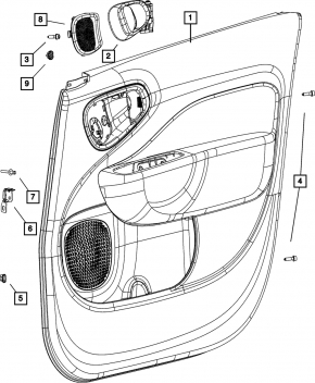 Обшивка двери карточка передняя правая Fiat 500L 14-17 черная с серой вставкой, надрыв, царапины, под химчистку