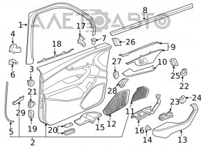 Обшивка двери карточка передняя правая Audi A4 B9 17-19 черная, черный подлокотник кожа, вставка черная кожа, Bang and Olufsen, вмятины, царапины, загнута эмблема, тычка