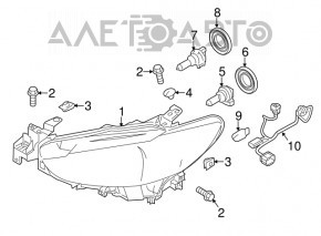 Фара передняя правая Mazda 6 13-17 голая usa галоген, под полировку, песок, трещины на стекле