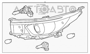 Фара передняя правая Toyota Highlander 14-16 голая, светлая, галоген, песок, под полировку, сломано крепление