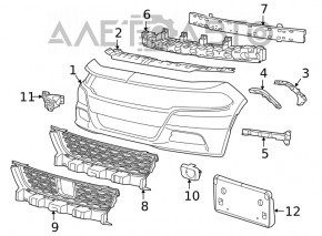 Бампер передній голий Dodge Charger 15-20 рест срібло, відірвана ліва, нижня та центральна частина, зам’ятий, подряпини, зламані кріплення