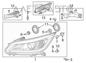 Фара передняя правая голая Honda Accord 13-15 галоген, сломан корпус и отражатель, царапины на стекле, на З/Ч