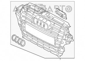 Решетка радиатора grill в сборе Audi A3 8V 15-16 глянцевая черная, под радар, S-line